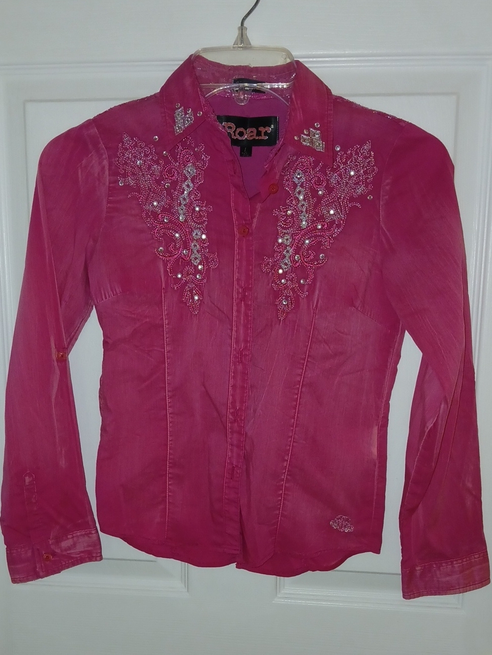 Roar Pink Embellished Button-Up Blouse